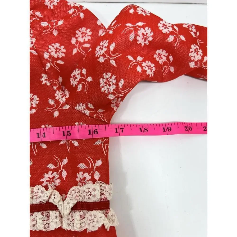 Vtg 60s/70s Red Floral Zip Up House Dress Nightgown Maxi Prairie Mod XS/S - Picture 5 of 8